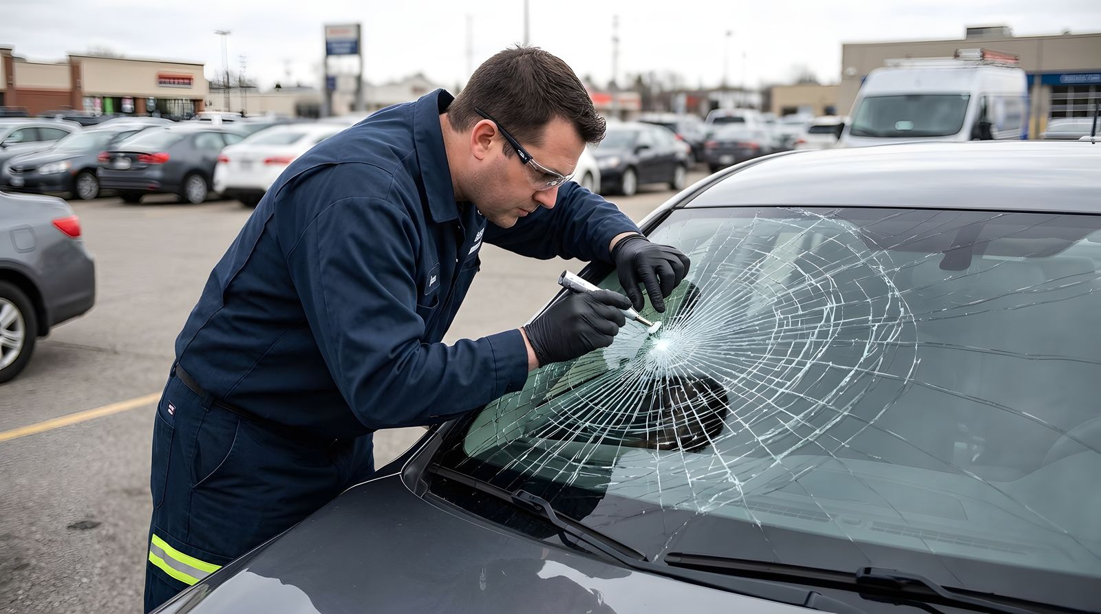 Certified mobile technician repairing a rock chip on a windshield in a parking lot